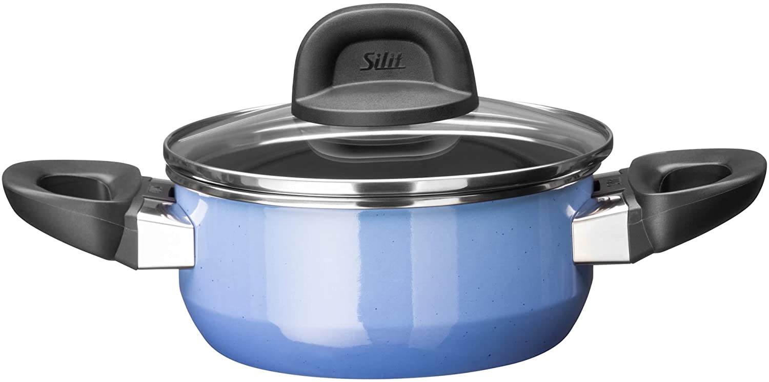 Silit Modesto Line Cooking Pot 16 cm, Glass Lid, Stewing Pot 1.3 L, Silargan Functional Ceramic, Induction Pot, Blue