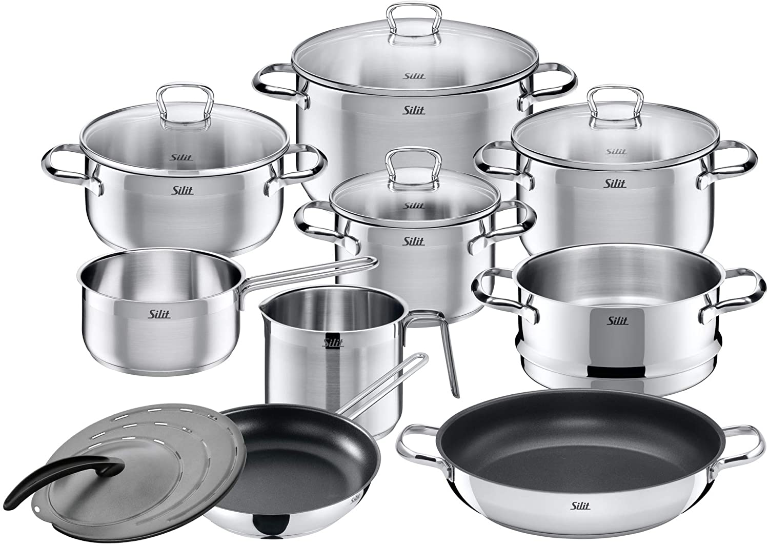 Silit Tuscany 10-Piece Induction Cooking Pot Set with Glass Lid, Milk Pan, Steamer, Pan, Stainless Steel, Partially Matte, Uncoated Pots Set