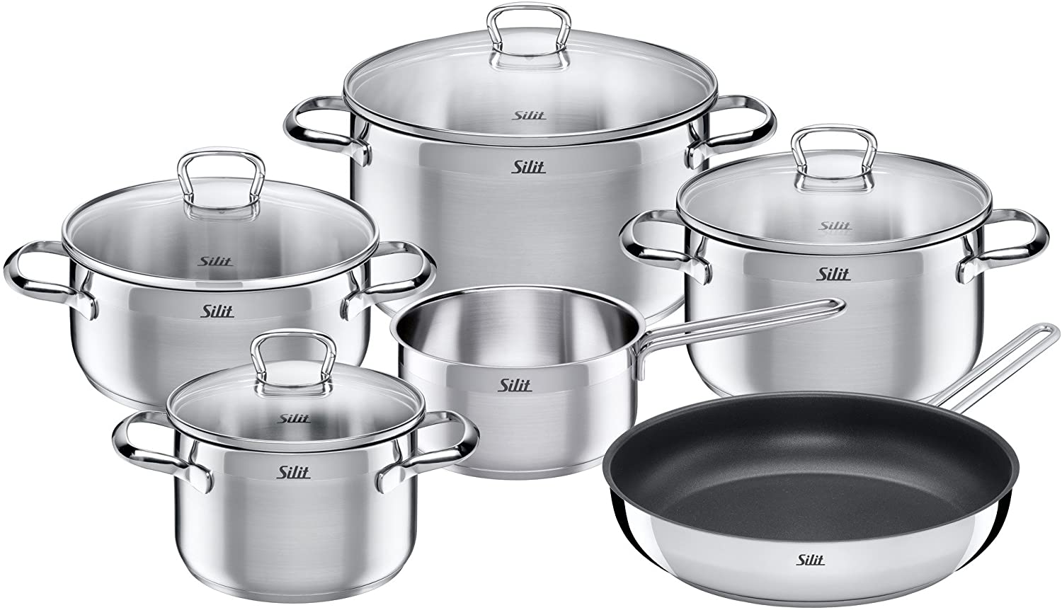 Silit Scalea 6-Piece Cookware Set with Glass Lid / Head Pot / Saucepan / Frying Pan / Polished Stainless Steel / Suitable for Induction Cookers / Dishwasher Safe