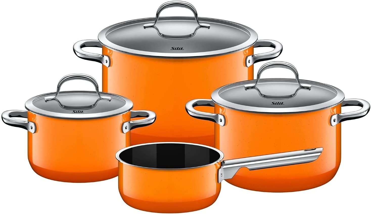 Silit Passion orange, 4-piece saucepan set with glass lid, Silargan functional ceramic pouring rim, suitable for induction cookers, orange.