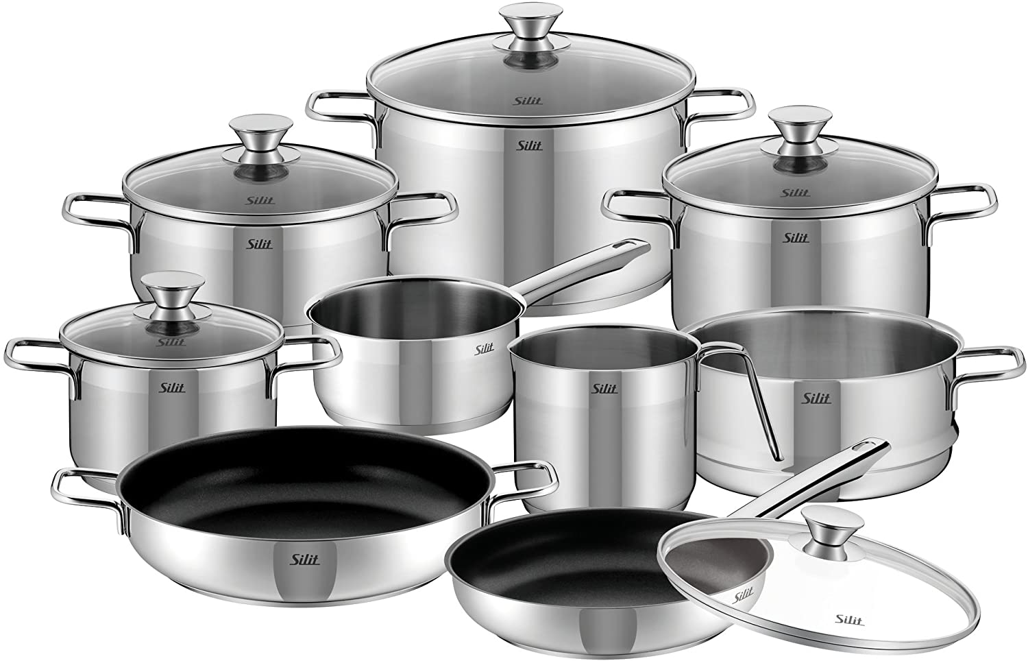 Silit Pisa 10-Piece Saucepan Set, with Glass Lid, Cooking Pot, Saucepan, Milk Pan, Steamer Insert, Pan Coated, Polished Stainless Steel, Suitable for Induction Cookers, 40.5 x 35 x 26 cm