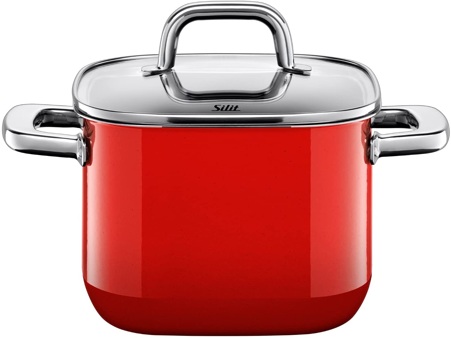 Silit Quadro 2102299554 Cooking Pot Tall 18 cm Diameter Approx. 3.7 Litre Square Pot Stackable Glass Silargan Function Lid Ceramic Suitable for Induction Cookers Dishwasher Safe Red Enamel 26 cm