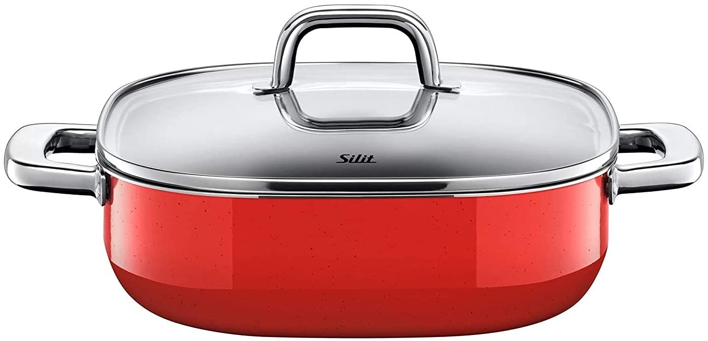 Silit Quadro Red Serving Sauté Pan 26 x 26 cm Square Roasting Dish with Glass Lid 4.3 L Silargan Functional Ceramic High Rim Stackable Induction Red