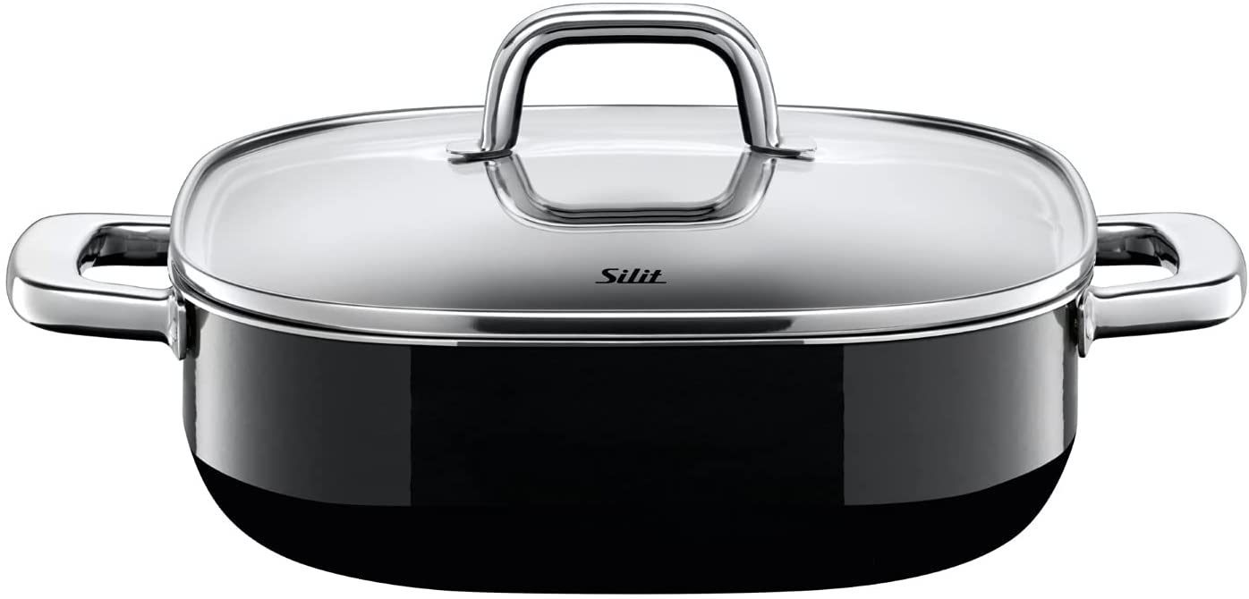Silit Quadro Black Serving Sauté Pan 26 x 26 cm Square Roasting Dish with Glass Lid, Cooking Pot 4.3 L, Silargan Functional Ceramic, High Rim, Stackable, Induction, Black