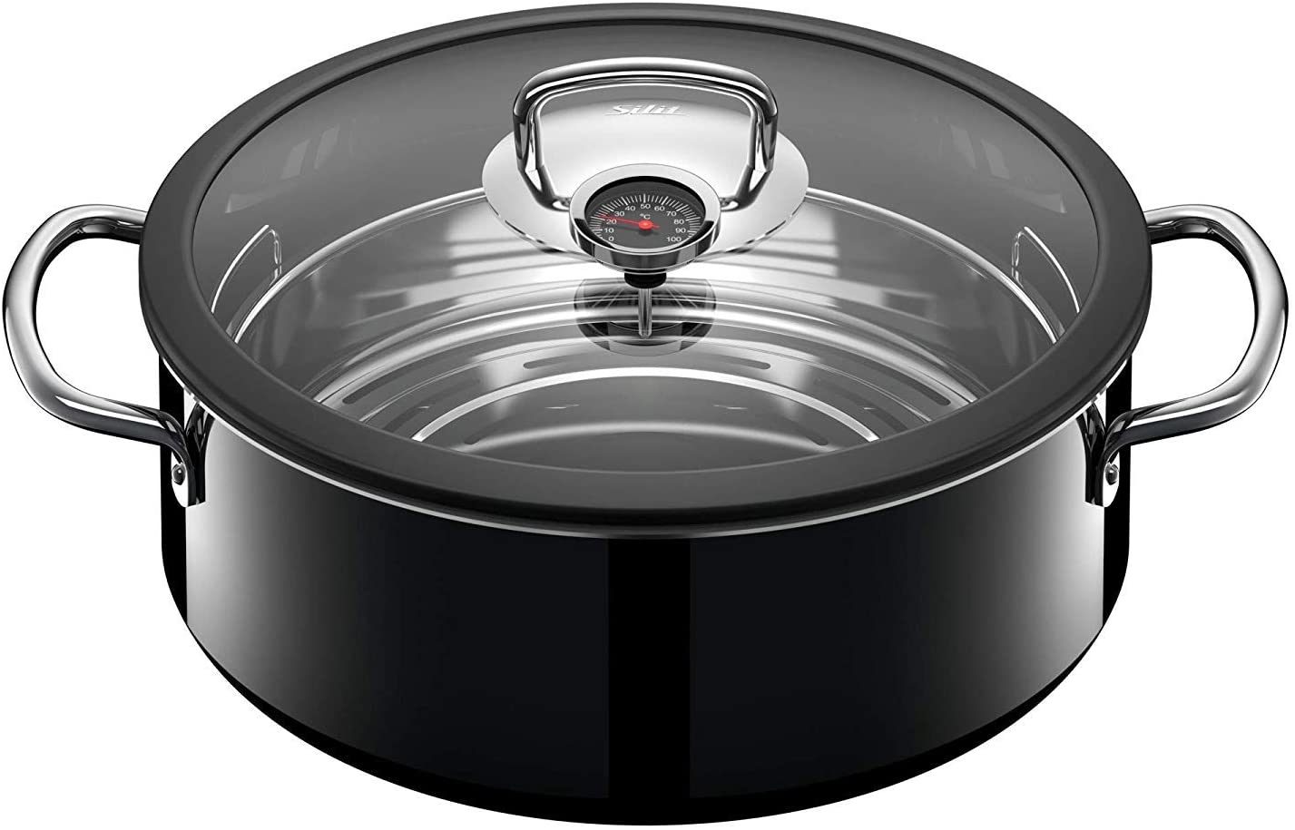 Silit ecompact Steamer, Roasting Dish Induction 28 cm with Glass Lid, 6 L, Cooking Thermometer, Cooking Tray, Silargan Functional Ceramic, Black