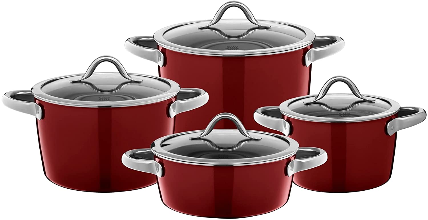 Silit Vitaliano Rosso 4-Piece Induction Saucepan Set with Glass Cover, Silargan Functional Ceramic, Induction Pots Set Nickel-Free, Dark Red