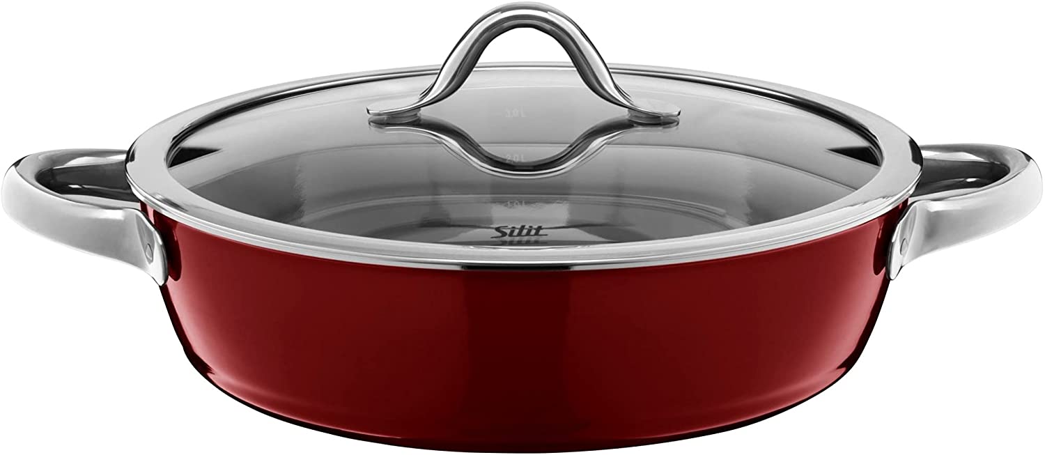 Silit Vitaliano Rosso Serving Sauté Pan 28 cm, Roasting Dish with Glass Lid, Casserole Pot 4.1 L, Silargan Functional Ceramic, High Rim, Induction, Dark Red