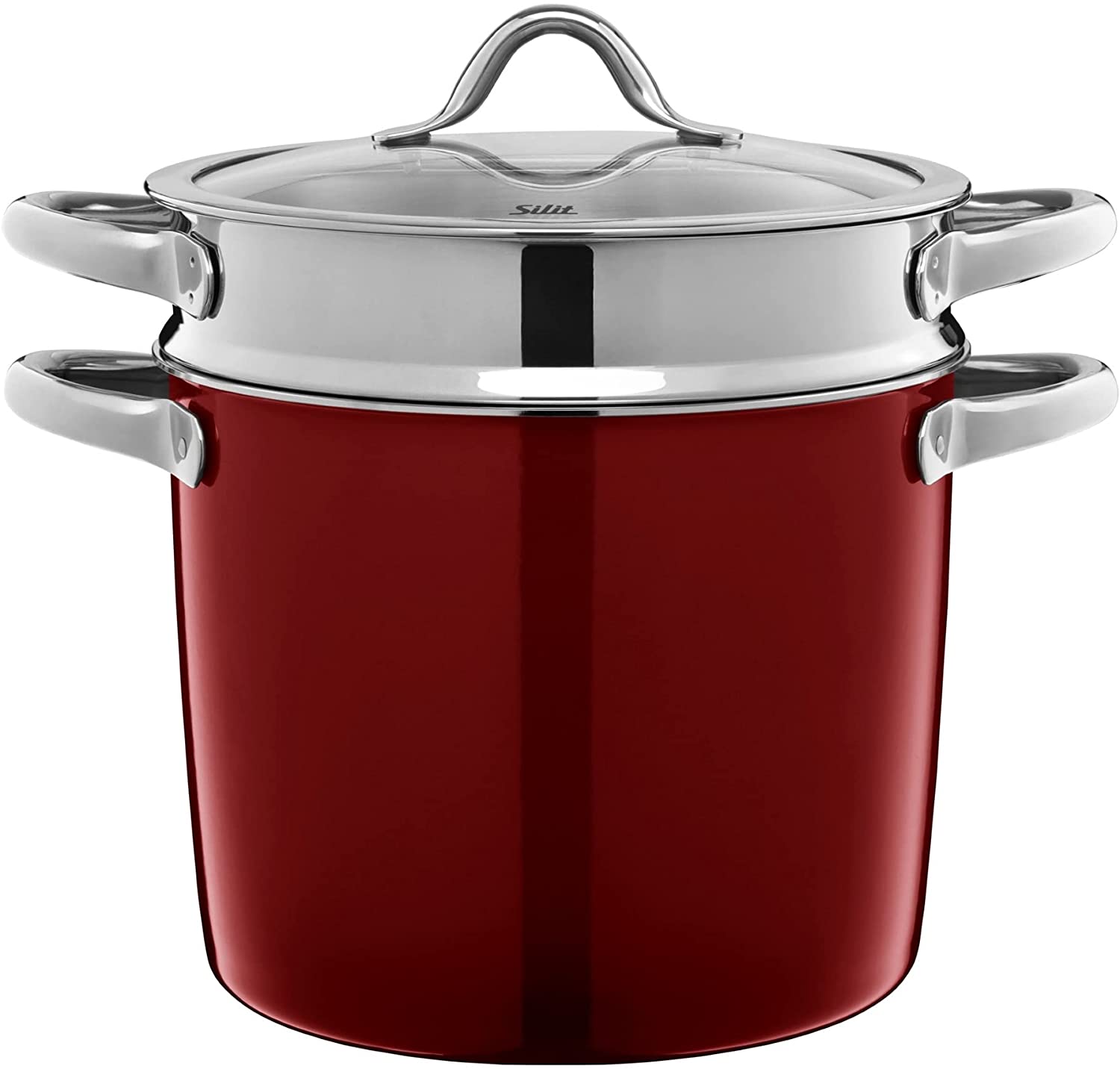 Silit Vitaliano Rosso Pasta Pot with Strainer Insert 24 cm Glass Lid Saucepan High 8.5 L Silargan Functional Ceramic Pot Induction Dark Red