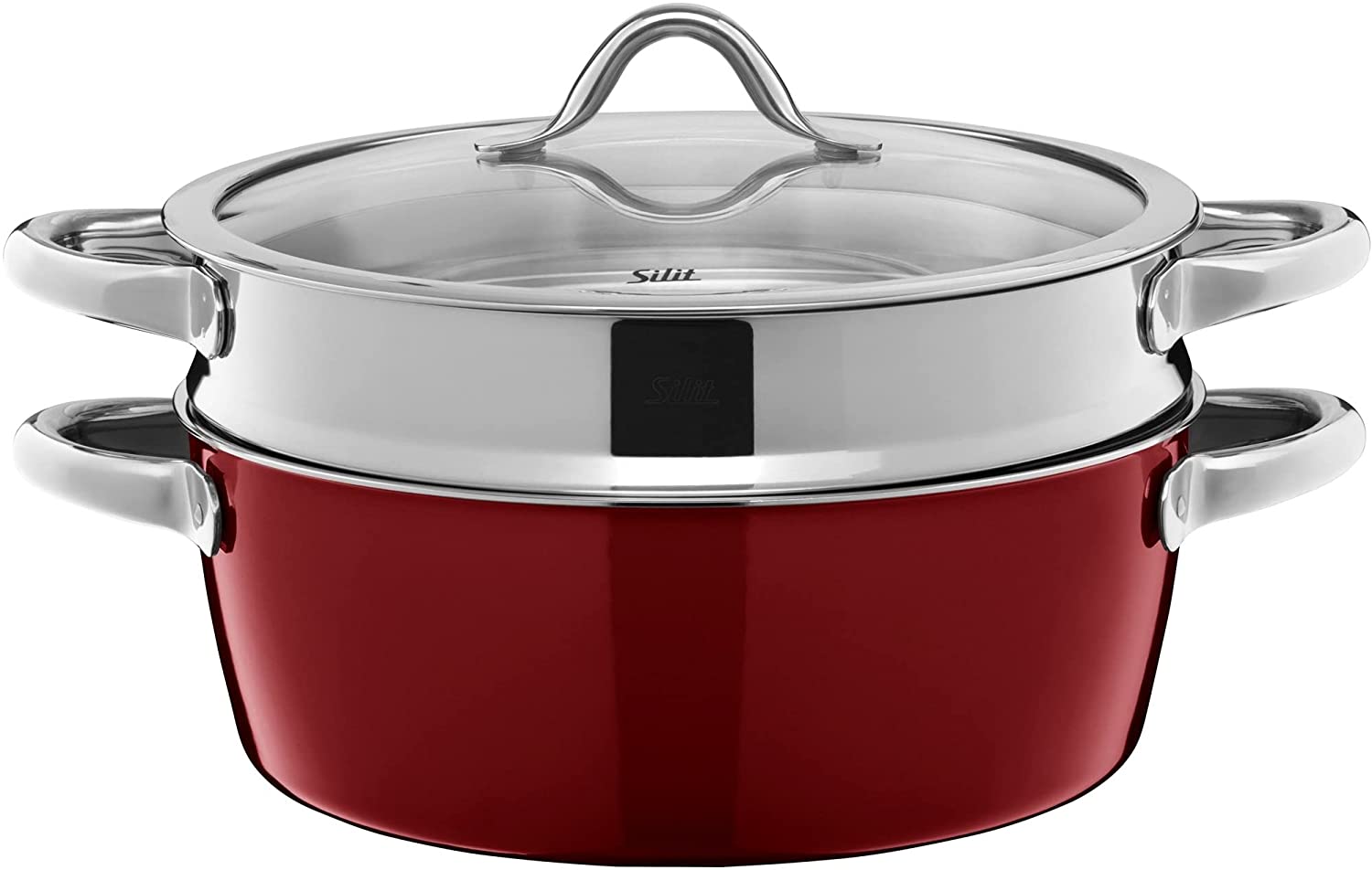 Silit Vitaliano Rosso Steamer with Glass Lid 28 cm Cooking Pot with Steam Insert 5.9 Litres Silargan Functional Ceramic Induction Pot Dark Red