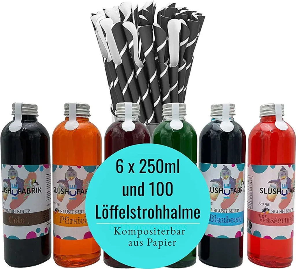 Sirup Partyset AZO FREI 6 x 250ml und 125 Löffelstrohhalme aus Papier für Slush, Getränke | Slushy Eis selber machen | Slushmaschine Konzentrat 1:5, Keine Zugabe von Zucker notwendig