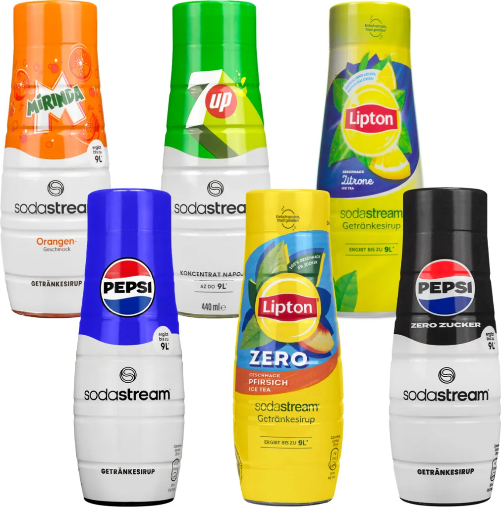 Sirup SodaStream Pepsi, Pepsi Max Light, 7UP Free Zero Sugar, Mirinda, Lipton Ice Tea Peach Zero, Lipton Ice Tea Lemon 440ml, 6 Stück