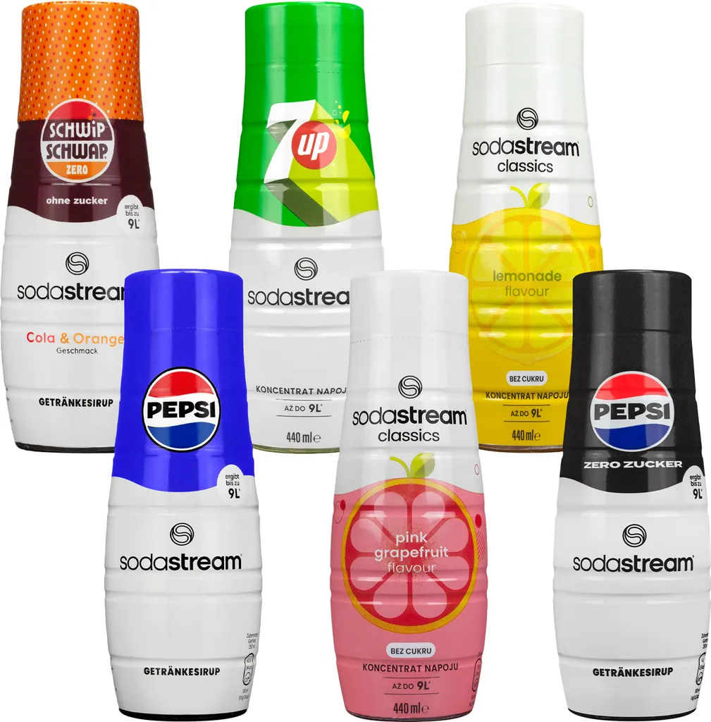 Sirup SodaStream Pepsi, Pepsi Max Light, 7UP, Schwip Schwap Light, Pink Grejpfruit Zero, Lemon Zero, 440ml, 6 Stück