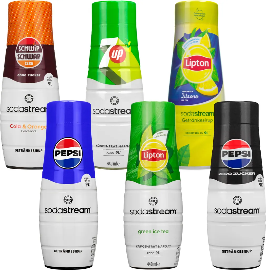 Sirup SodaStream Pepsi, Pepsi Max Light,, 7UP, Schwip Schwap No Sugar, Lipton Ice Tea Green Tea with Citrus, Lipton Ice Tea Lemonade, 440ml, 6 Stück