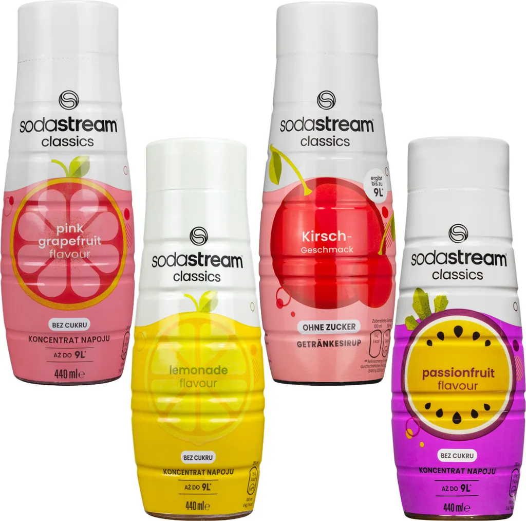 Sirup SodaStream Pink Grapefruit Zero, Lemon Zero, Sugar Free Cherry, Passionfruit Zero, 440ml, 4 Stück