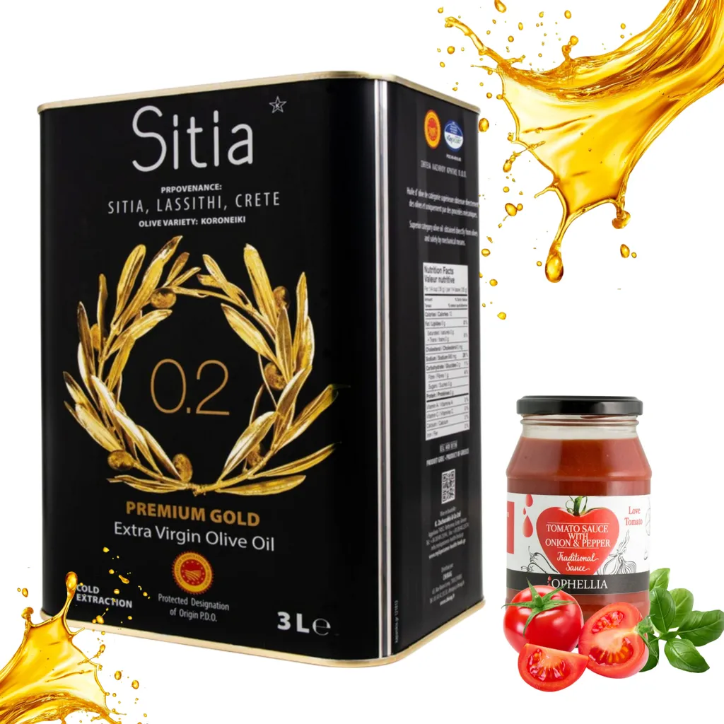 Sitia, Natives Olivenöl 3 L Extra Griechisches Premium + Griechische Tomatensauce mit Basilikum