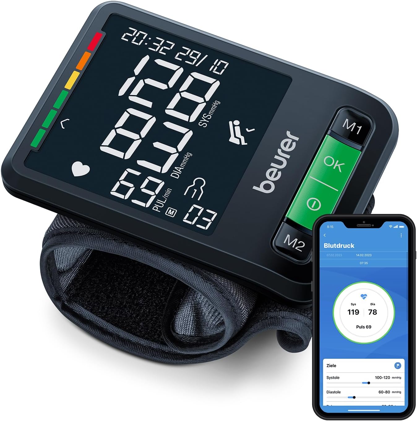 Beurer BC 87 Wrist Blood Pressure Monitor with App Connection, Clinically Validated, XL Display, Rude Indicator, Inflation Technology, Colored Risk Indicator and Arrhythmia Detection