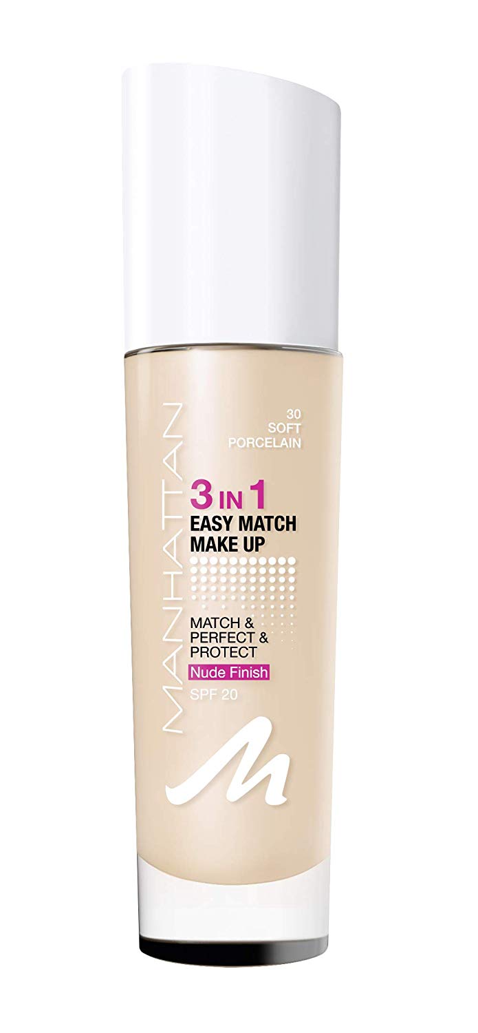 Manhattan 3-in-1 Easy Match Make-Up, Liquid Foundation for Light Skin with SPF 20, Soft Porcelaine 30 Colour, 1 x 30 ml, ‎30 porcelain