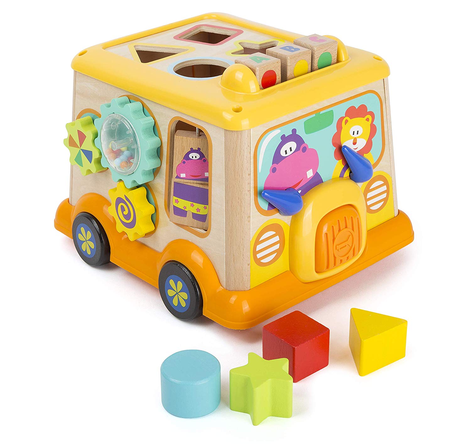 Small Foot by Legler Small Foot Wooden School Bus Motor Skill Game With Push In Moulds Gears Hor