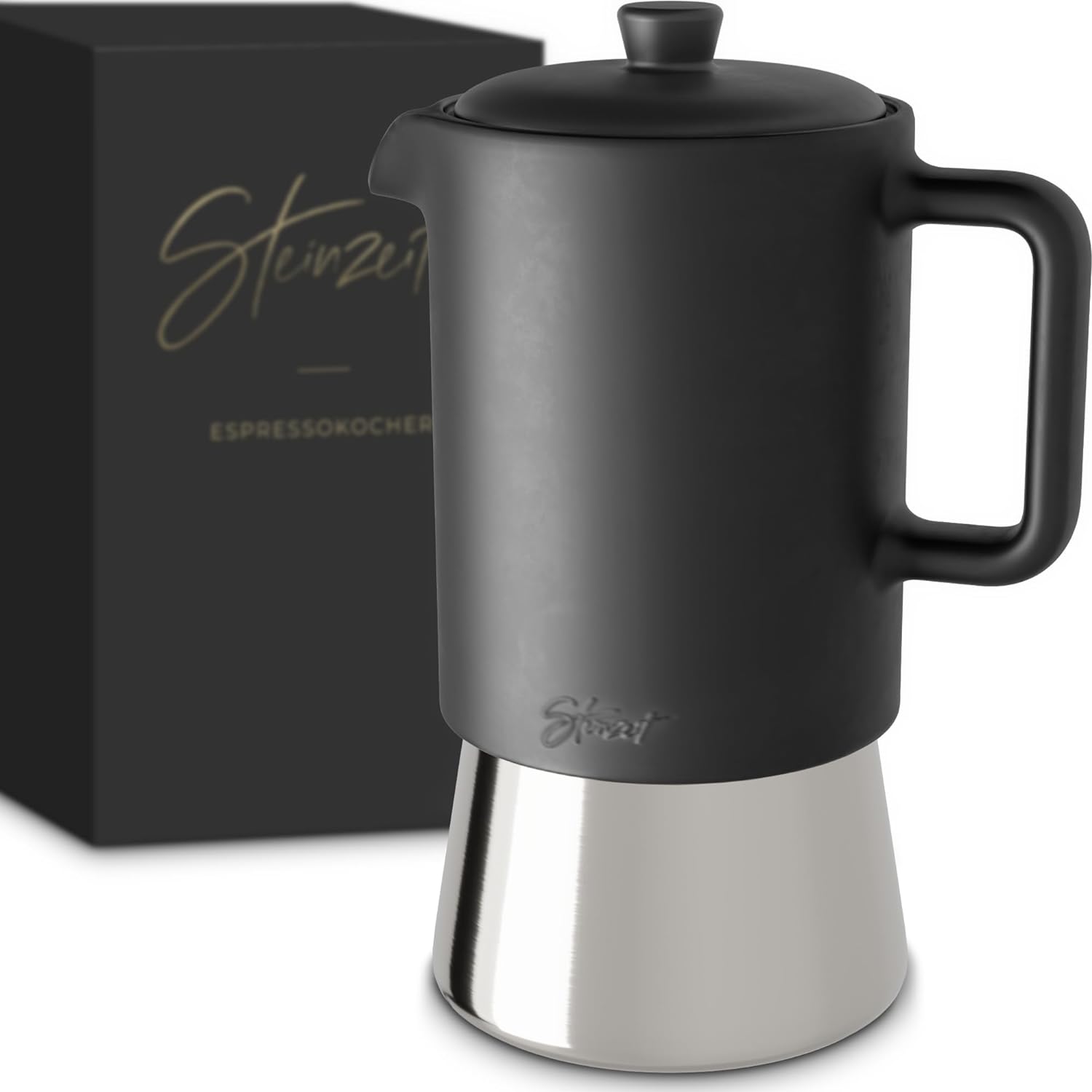 Stone Age Design Ceramic Espresso Maker (300 ml) - Espresso Maker Suitable for All Types of Cookers - Mocha Pot with Stainless Steel Base and Ceramic Jug - Espresso Maker Stainless Steel