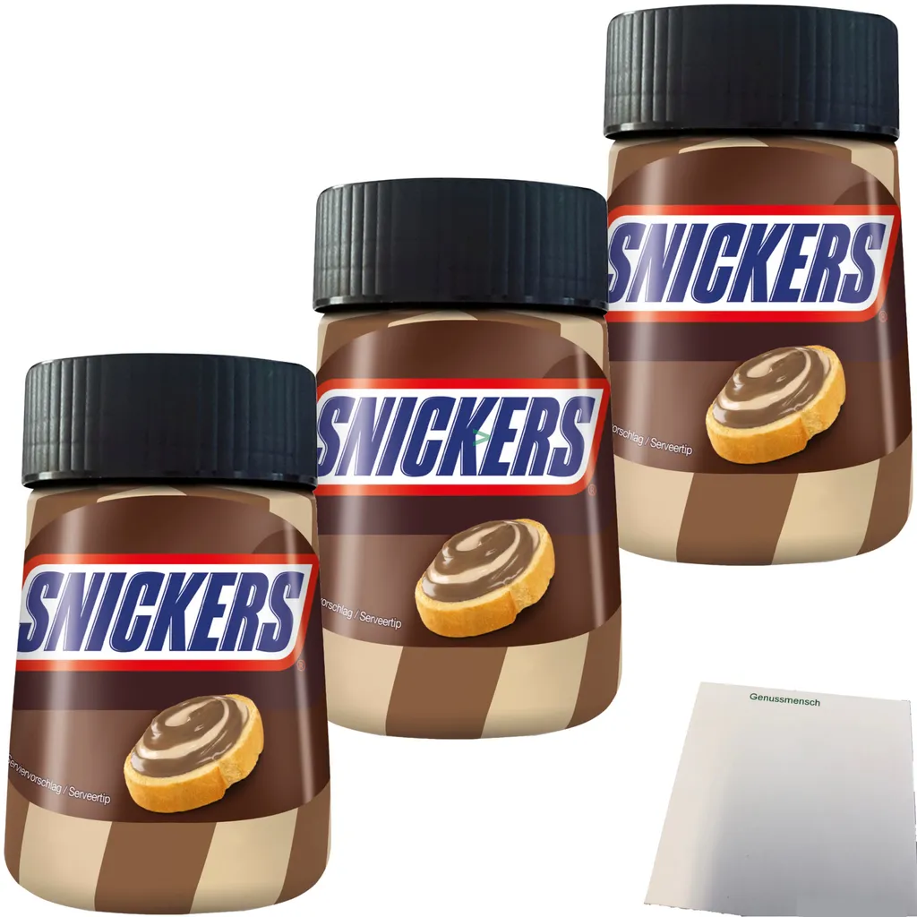 Snickers Brotaufstrich Schoko-Karamell-Aufstrich 3er Pack (3x350g Glas) + usy Block