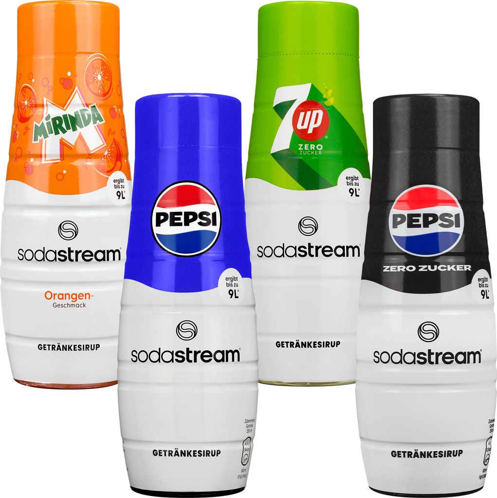 SodaStream Getränke-Sirup Pepsi, Pepsi MAX, Mirinda, 7UP ohne Zucker, 440ml, 4 Stück