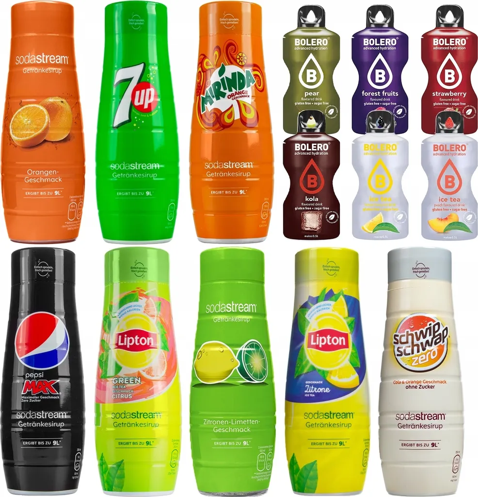 SodaStream Getränke-Sirup Softdrink (Lime, Lipton Eistee Zitrone, Pepsi Max, Mirinda, Orange, Schwip Schwap Zero, Lipton Grüner Tee, 7UP ) + Bolero (8er Pack)