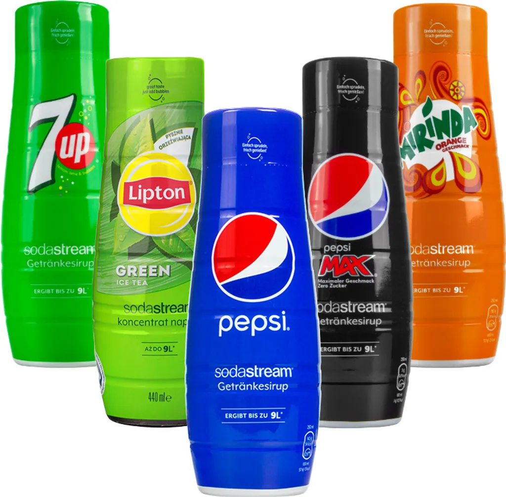 SodaStream Getränke-Sirup Softdrink Pepsi, Pepsi MAX, Mirinda, 7UP, Lipton Grüner Tee  (5er Pack)