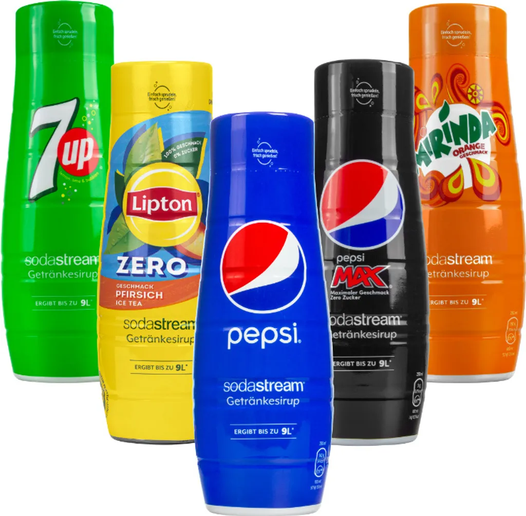 SodaStream Getränke-Sirup Softdrink Pepsi, Pepsi MAX, Mirinda, 7UP, Lipton Pfirsich Zero (5er Pack)