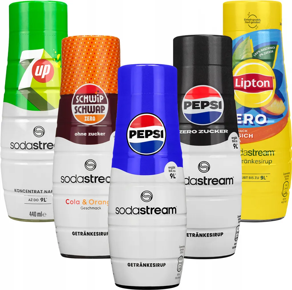 SodaStream Wassersprudler Pepsi Sirup, Pepsi MAX, Lipton peach zero, 7UP, Schwip Schwap zero, 440ml, 5 Stück