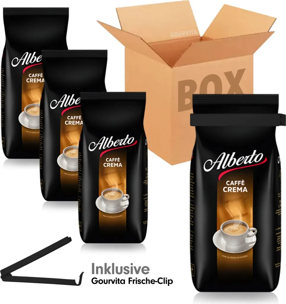 SAVINGS BOX Alberto Caffè Crema + free Gourvita freshness clip, 4x1000g beans