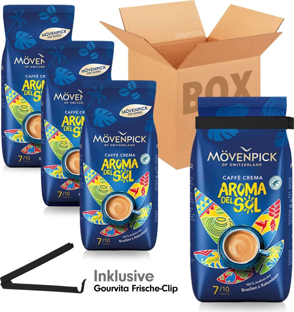 SAVINGS BOX Mövenpick Crema AROMA DEL SOL + free Gourvita Freshness Clip, 4x1000g beans
