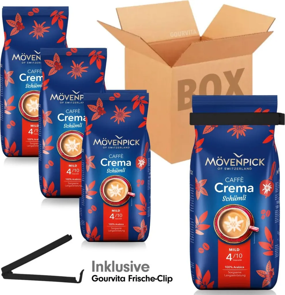 SAVINGS BOX Mövenpick Crema Schümli + free Gourvita Fresh Clip, 4x1000g beans