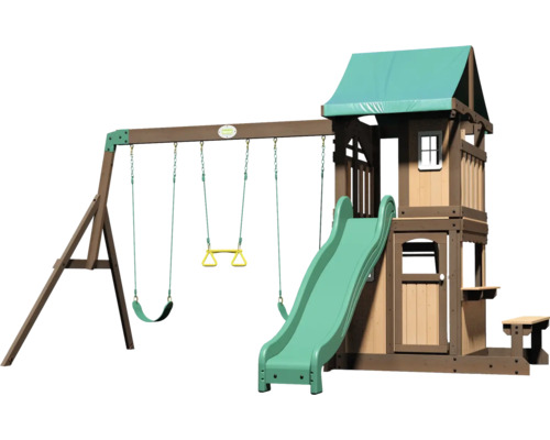 Play tower Backyard DISCOVERY Lakewood 340 x 430 cm brown wood consisting of swing, slide