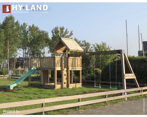 Hyland Project 5S wooden play tower with sandpit, double swing, green slide