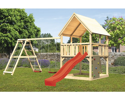 Play tower Playhouse Karibu Frieda 200 x 200 cm wood consisting of basic tower, extension, platform, net ramp, swing, slide