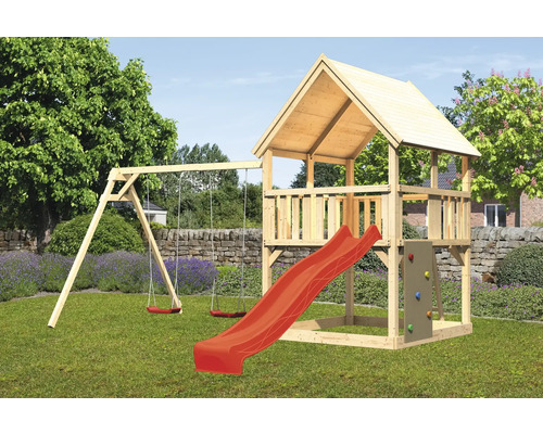 Play tower Playhouse Karibu Luis 200 x 200 cm wood consisting of slide, 2 board swings, climbing wall