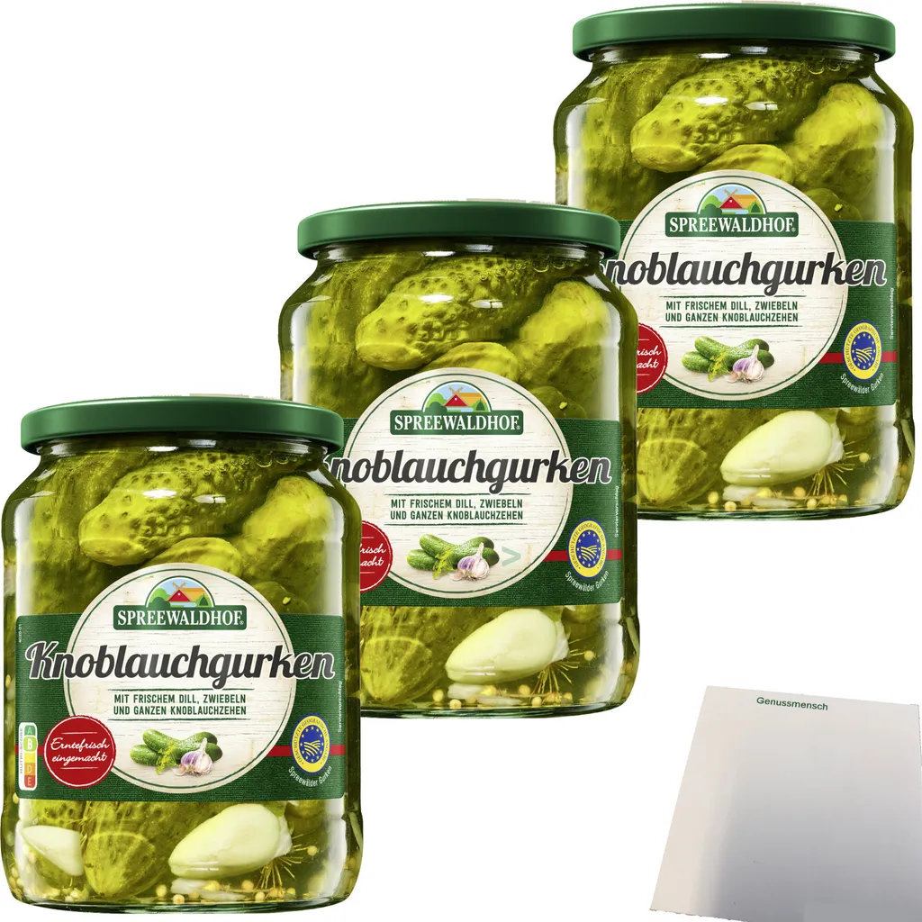 Spreewaldhof garlic pickles with fresh dill onions and whole garlic cloves 3-pack (3x720g jar) + usy block