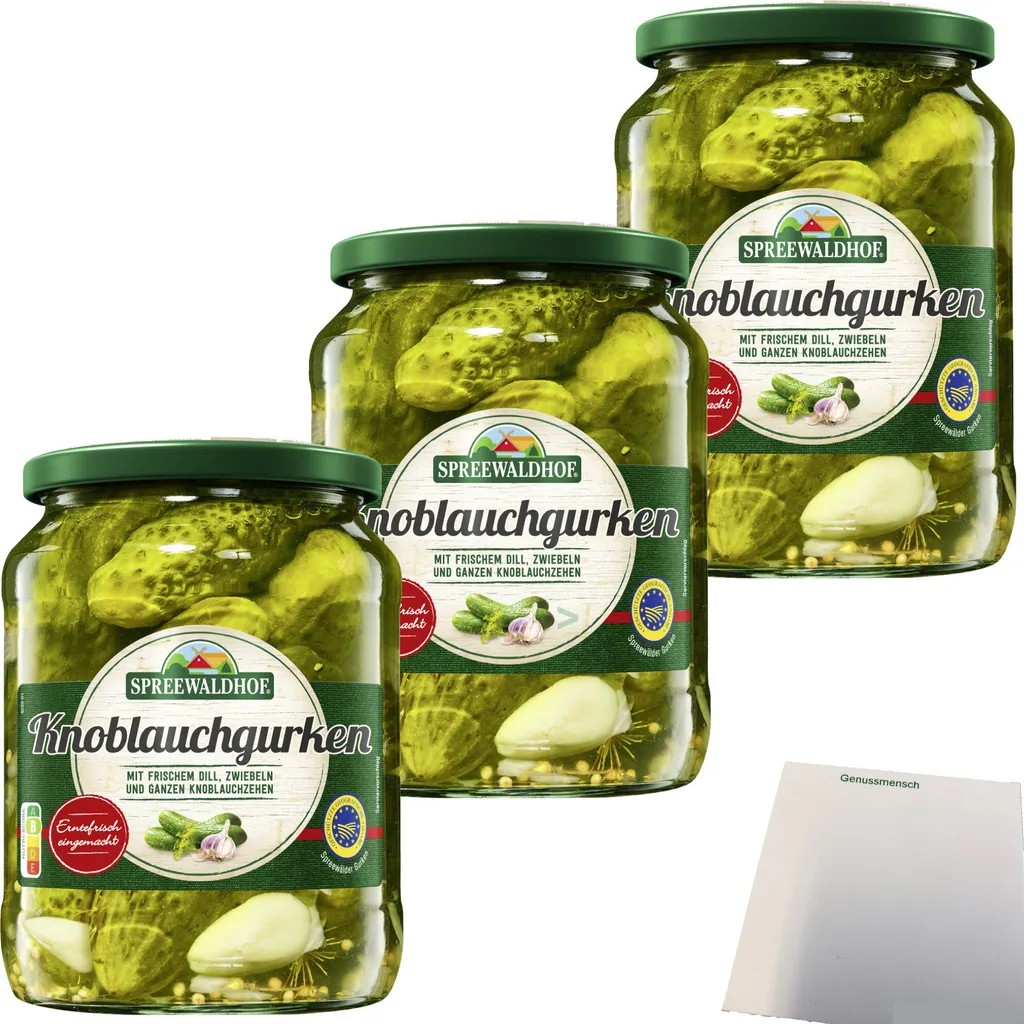 Spreewaldhof garlic pickles with fresh dill onions and whole garlic cloves 3-pack (3x720g jar) + usy block