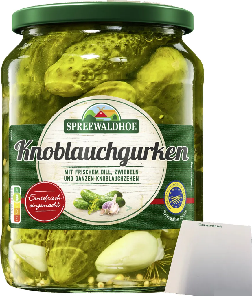 Spreewaldhof garlic pickles with fresh dill onions and whole garlic cloves (720g jar) + usy block