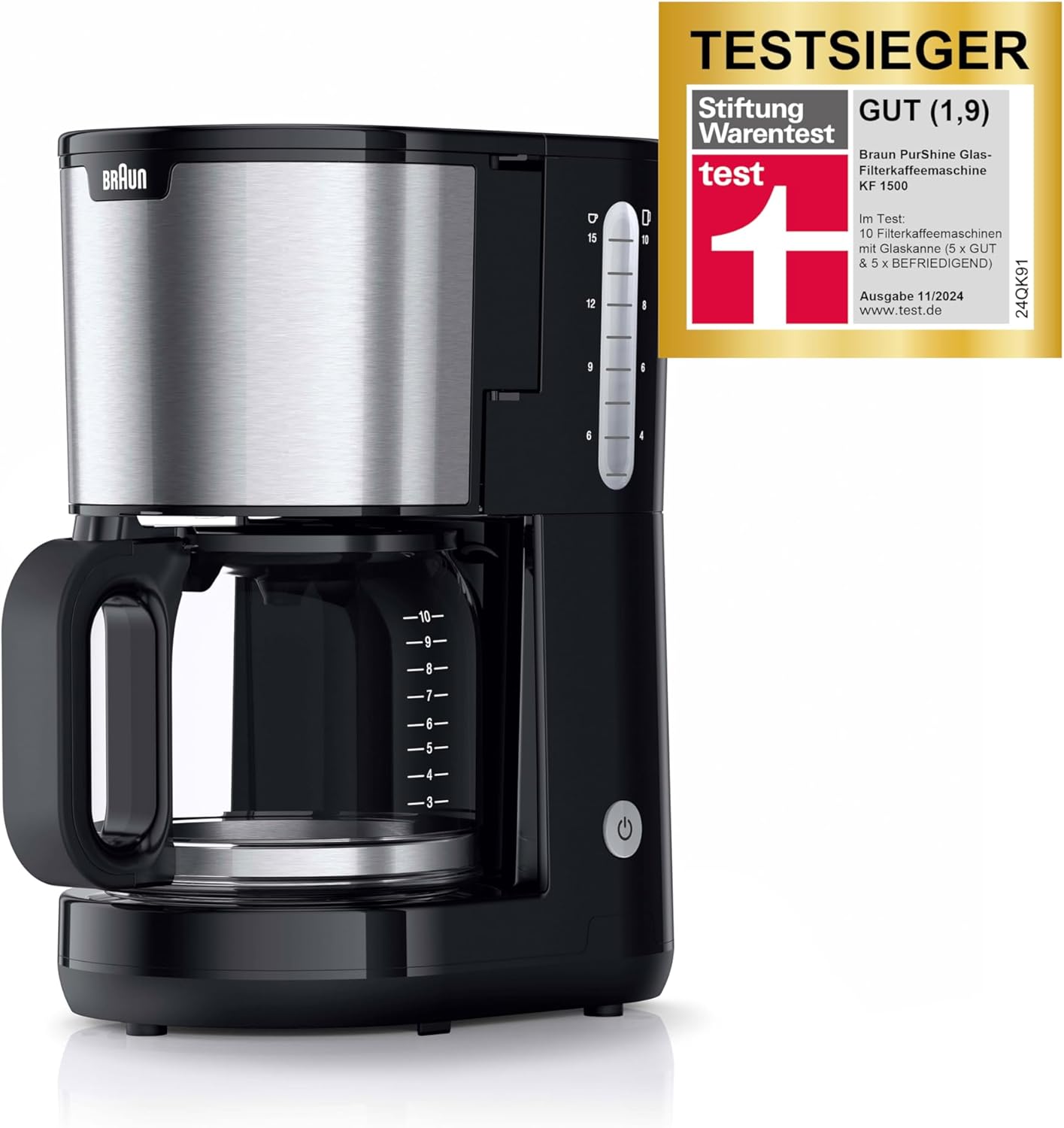 Braun PurShine KF 1500 BK coffee machine - filter coffee machine with glass jug for up to 10 cups, OptiBrew system, automatic switch-off, 1000 watts, black