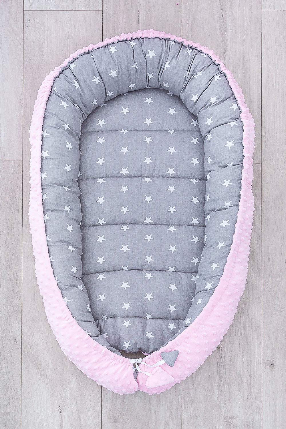 LOOLAY® Double-Sided Cocoon for Newborns Plush Minky Cot Bumper Baby Cocoon Cuddly Bed Baby Travel Cot Baby Cot for Babies Infants (Stars Grey/Minky Mint)