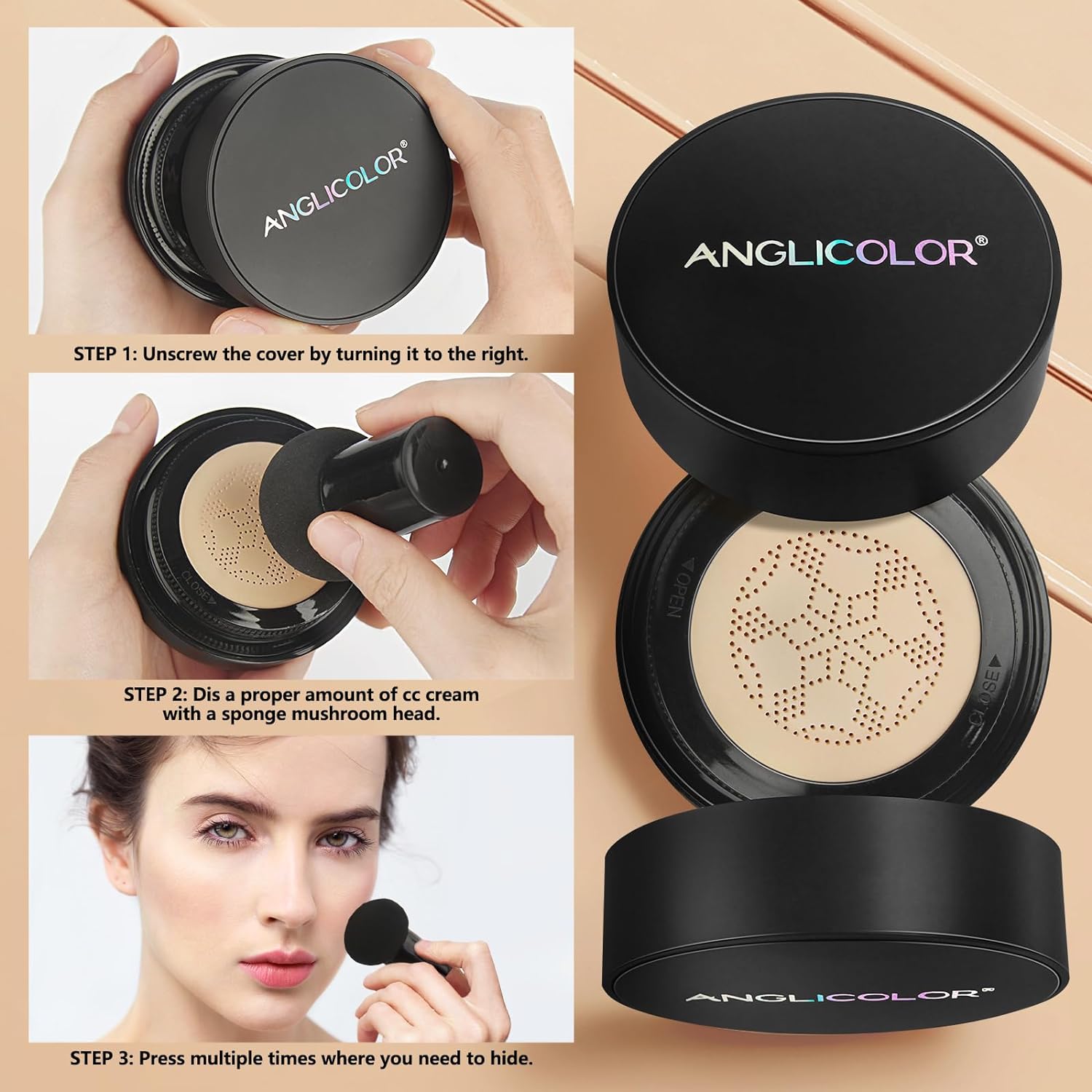 Anglicolor CC cream, cushion foundation, waterproof for long-lasting coverage of blemishes, mushroom head air cushion foundation, CC cream for face make-up with oil control effect (02#)