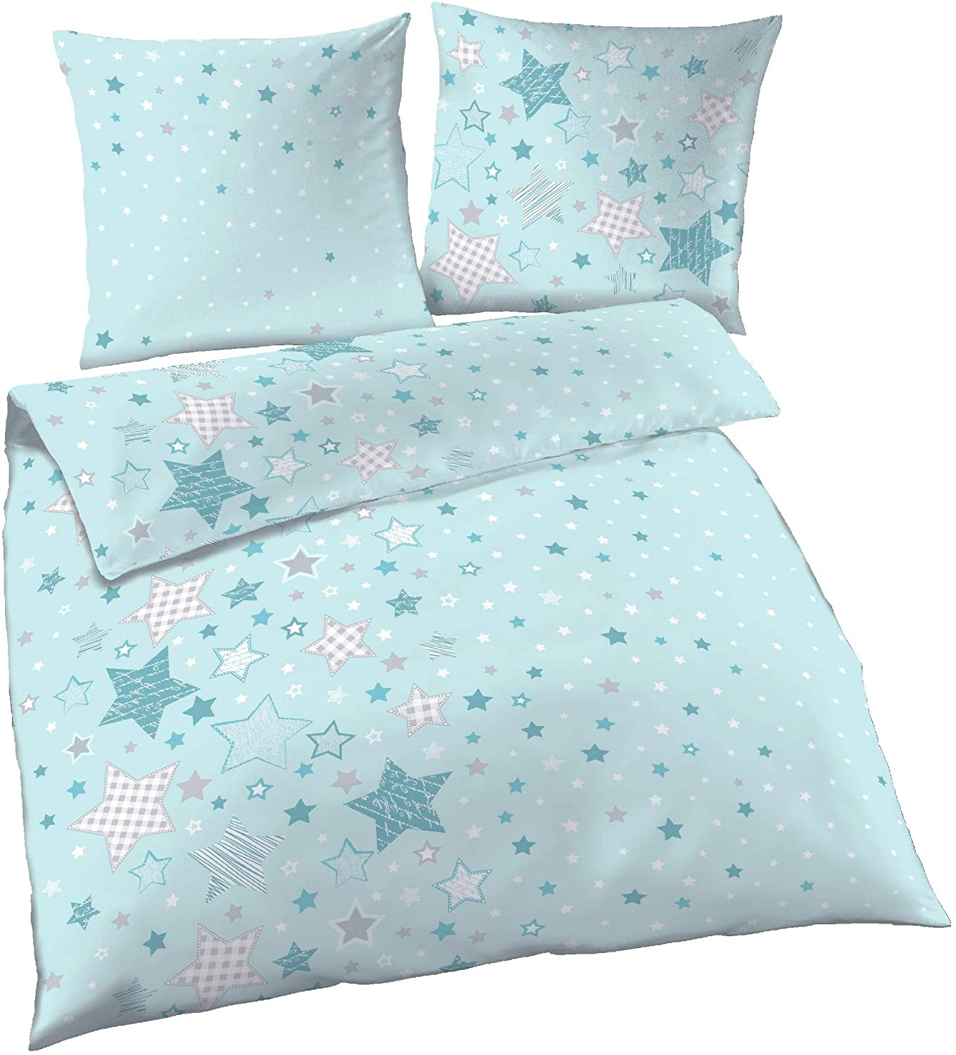 Stars Fine Flannelette Girls Bed Linen Stars and Stars Mint - Pillowcase 80 x 80 cm + Duvet Cover 135 x 200 cm - 100% Cotton