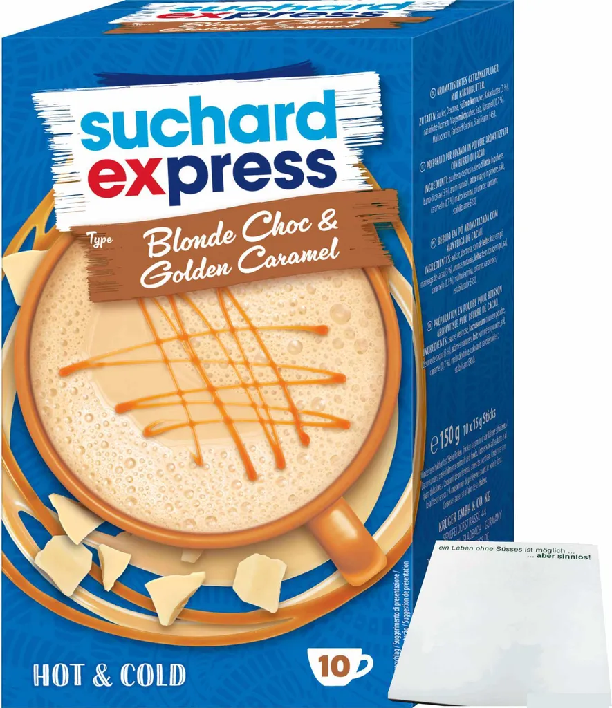 Suchard Express Blonde Choc & Golden Caramel 10x15g sticks (150g pack) + usy block