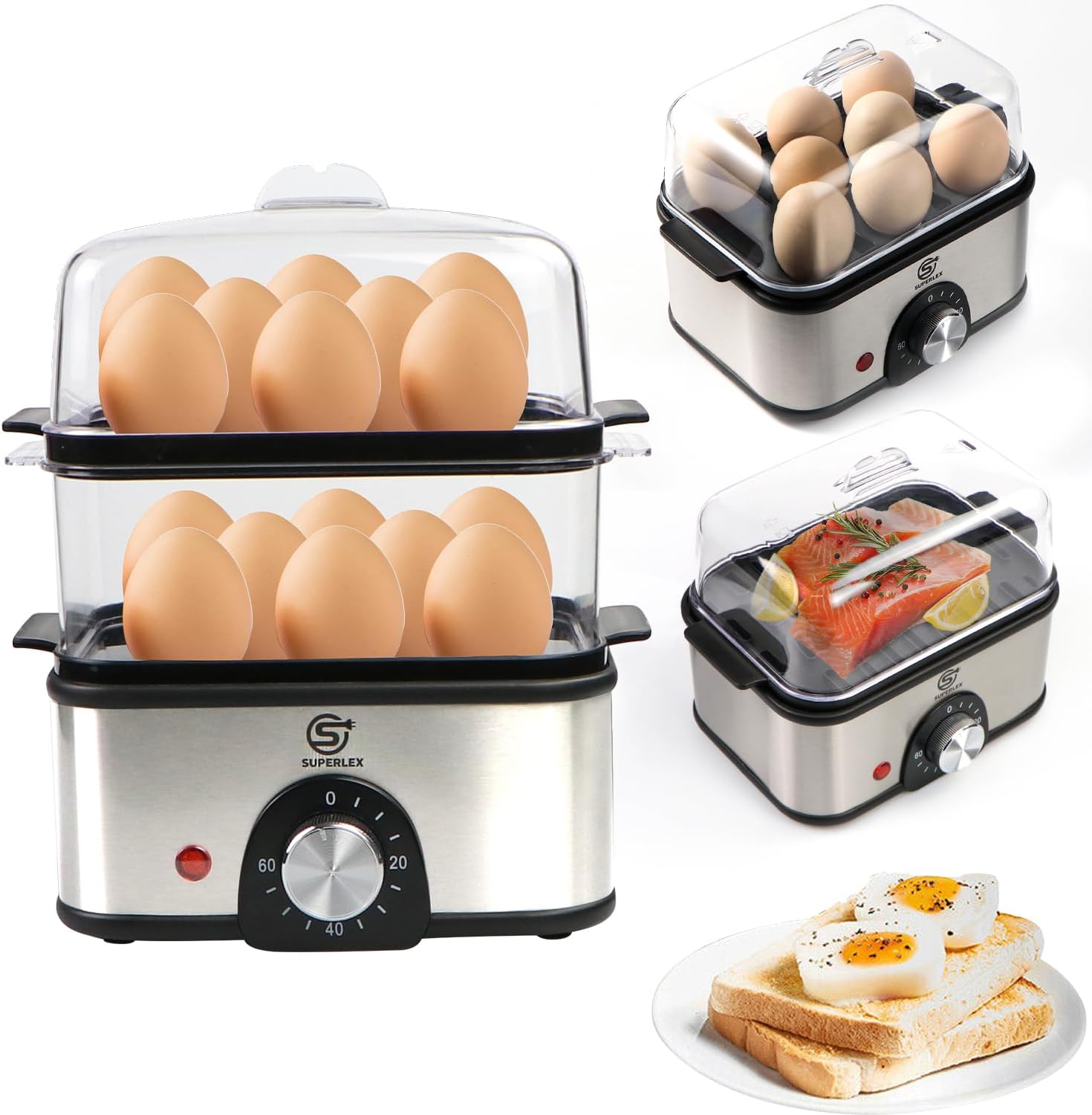 SUPERLEX 2-layer egg cooker stainless steel for up to 16 eggs, electric steamer, with time setting for hardness adjustment, 60 min timer, automatic shut-off for overheating protection, BPA-free