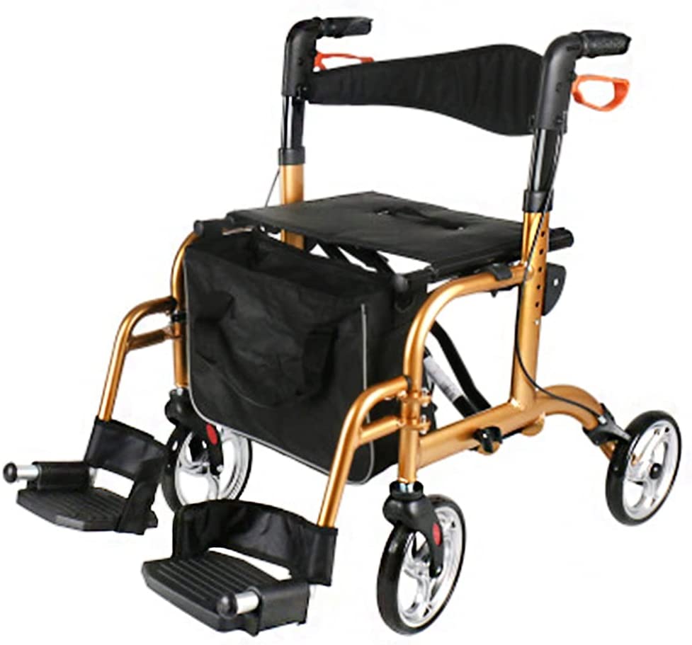 Rolling Walkers Folding Wheelchair for Elderly People with Backrest and Seat and Shopping Trolley with Foot Pedal for Elderly People (Color: Gold, Size: 92 × 66 × 67 cm)