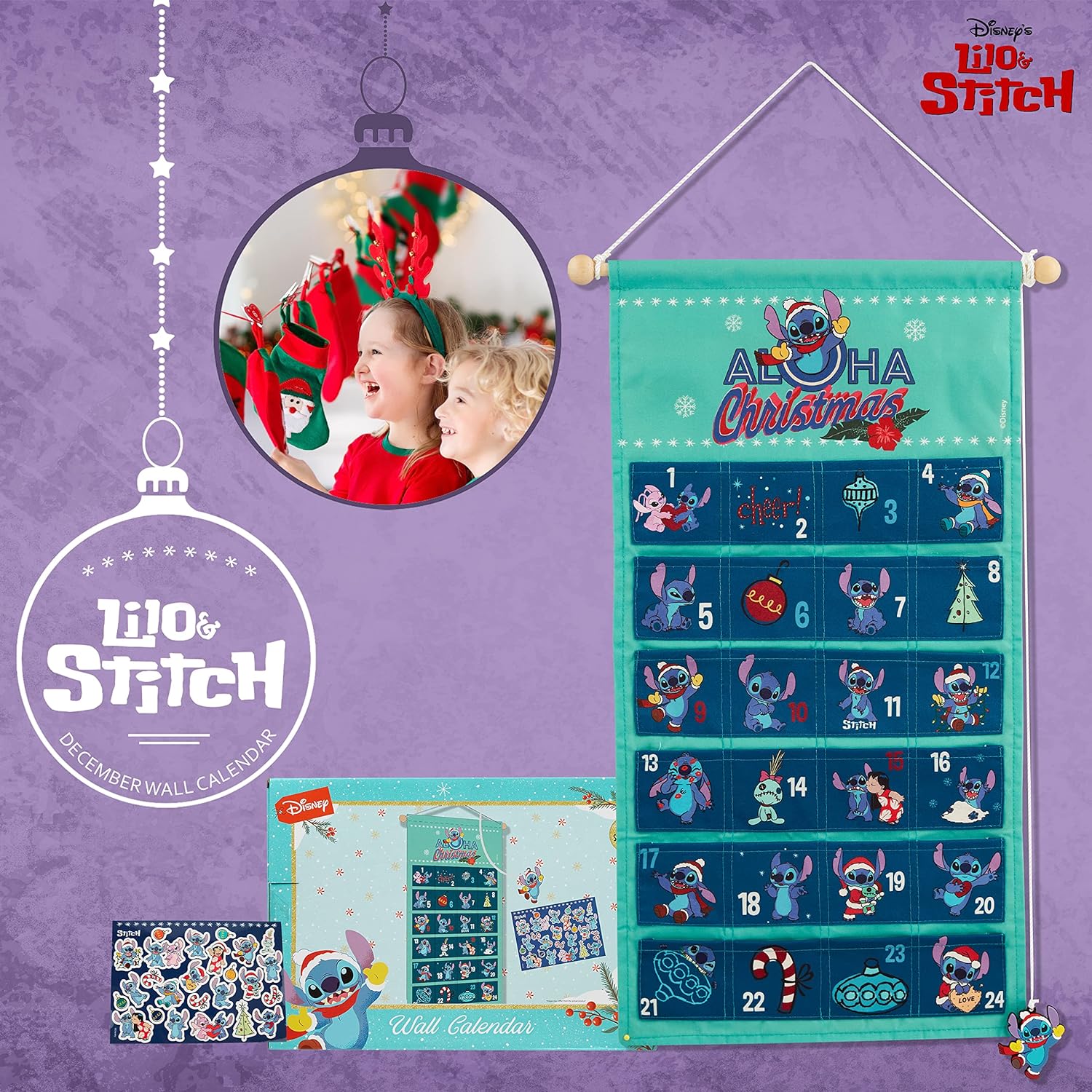 Disney Stitch Advent Calendar, Children\'s Toy Advent Calendar, Children\'s Jewellery, Charms Necklace, Stitch Gifts (Stitch Hanging Wall Calendar)