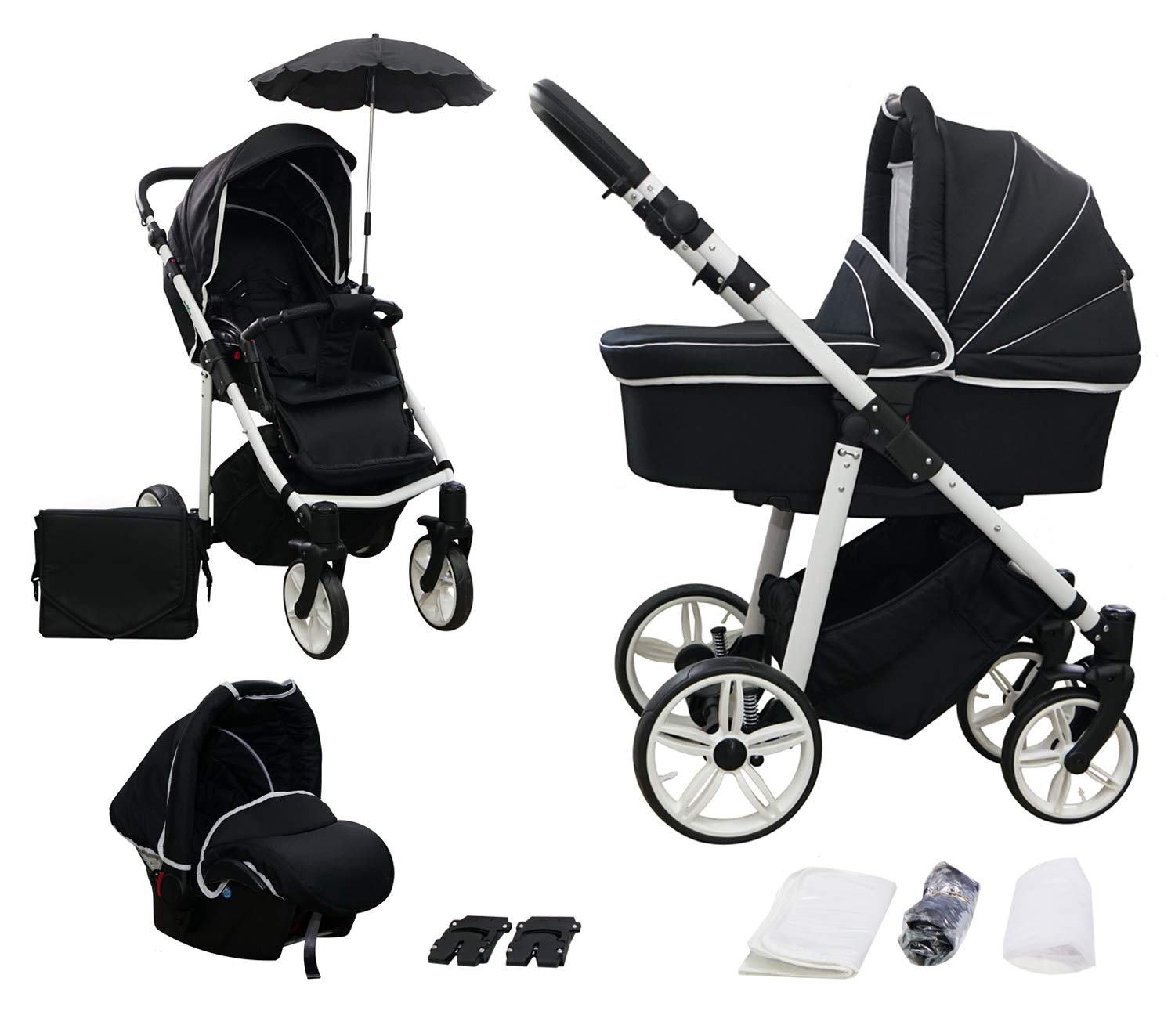Skyline 3-in-1 Combination Pram with Aluminium Frame, Carrycot, Sports Buggy Attachment and Baby Car Seat (Isofix) Black