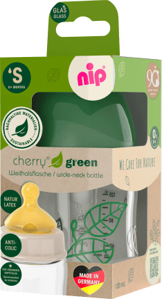 NIP Baby bottle made of glass cherry green latex Gr. S, green, from birth, 120 ml, 1 pc