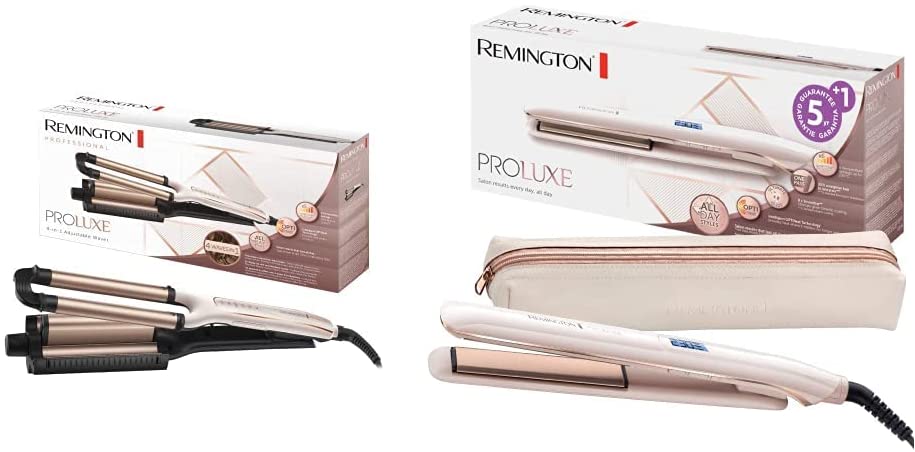 Remington ProLuxe 4-in-1 Wave Iron & Straightener PROluxe (OPTIheat Technology for Long-Lasting Styling Results & Ultimate Glide Ceramic Coating) LCD Display, 150-230°C, Hair Straightener S9100